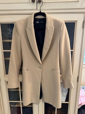 Zara Beige Single-Button Long Blazer